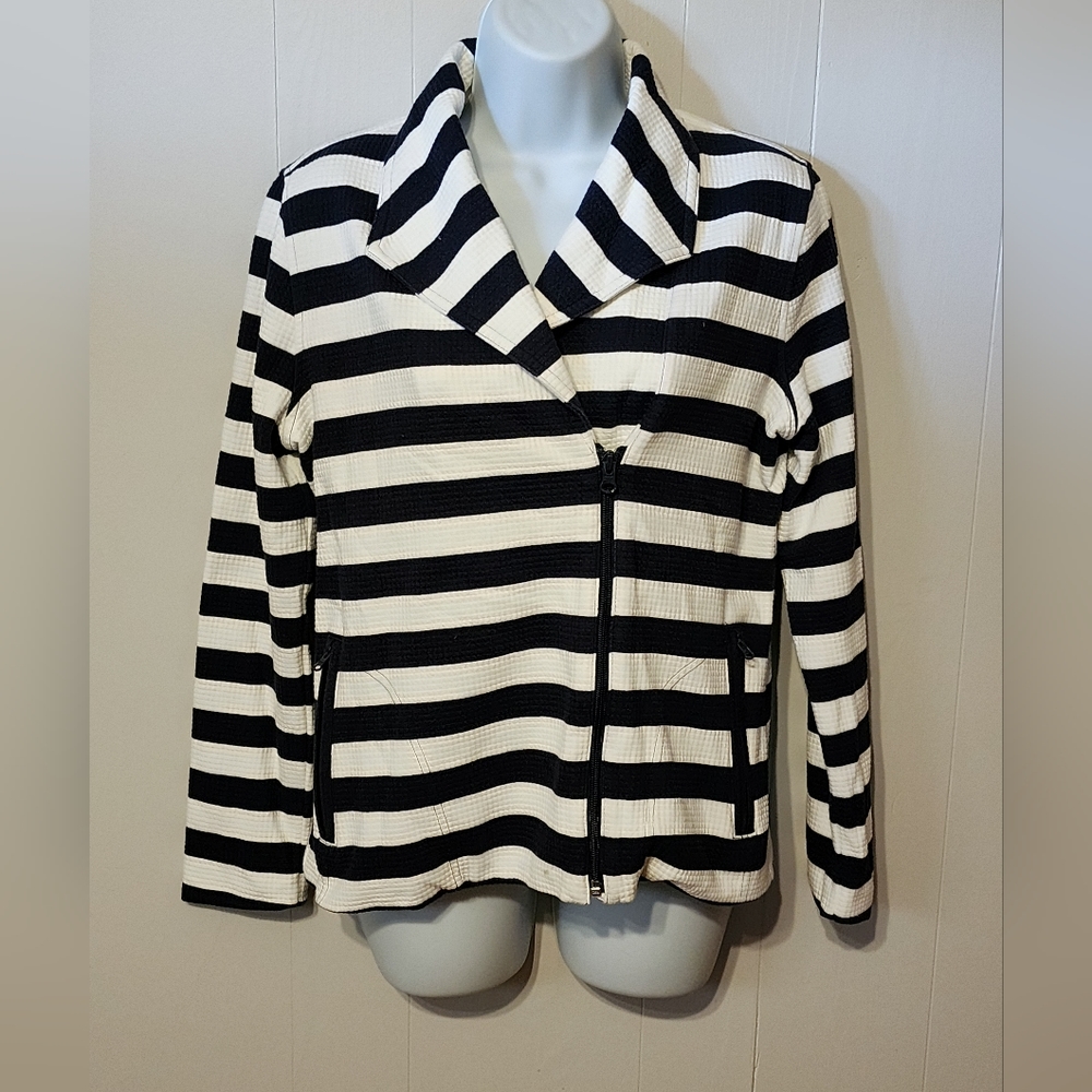 Talbots Jacket Striped Textured White Navy Blue‎  Full Zip Casual Medium  A870